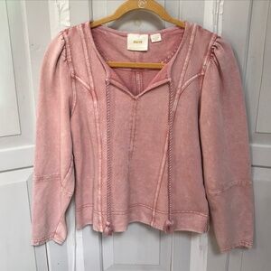 Maeve Pink Puff Sleeve Blouse with Ruched Ruffles